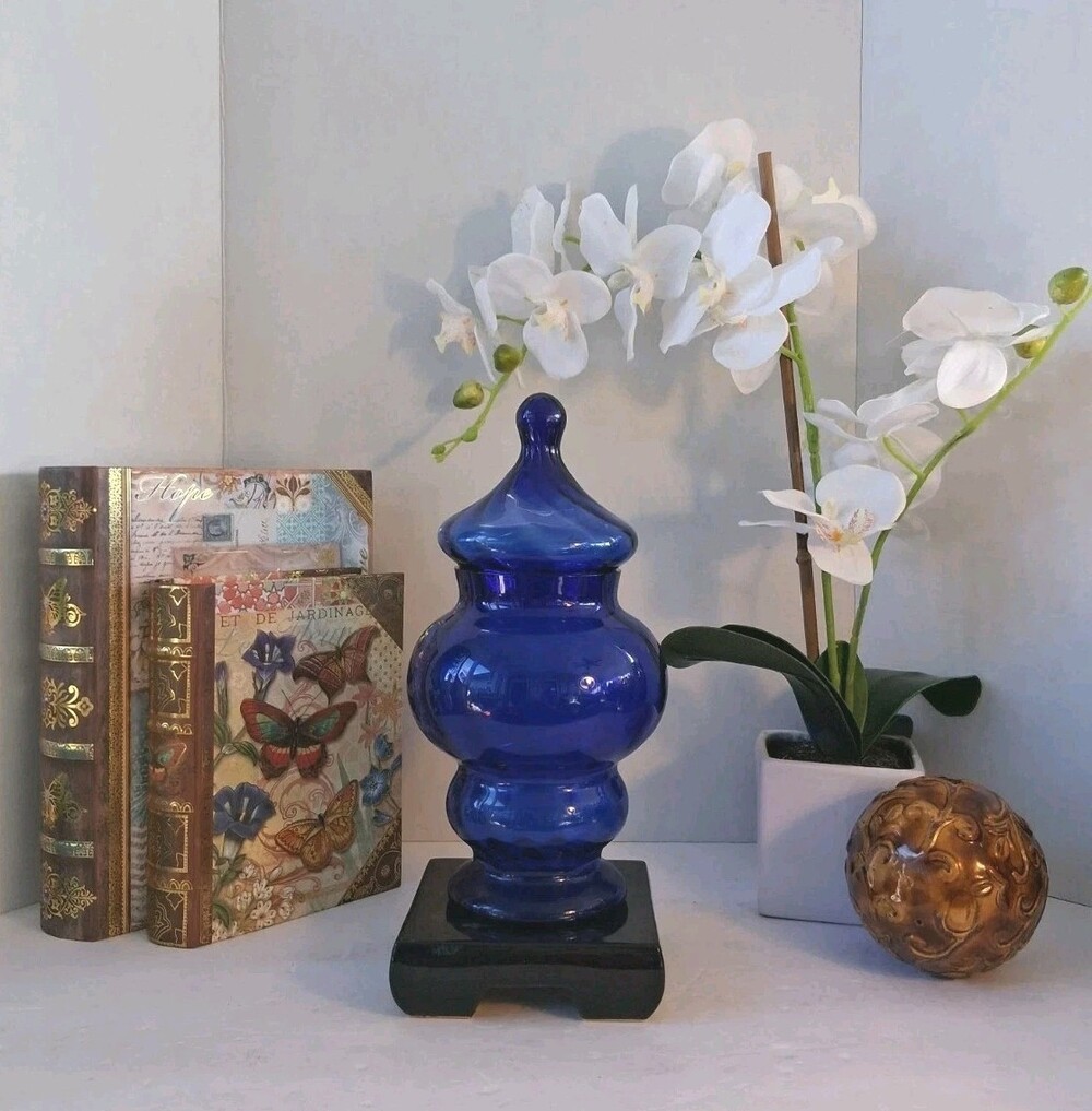 Vintage Italian Empoli Cobalt Blue Glass Apothecary Jar w/ Lid - Optic Swirl MCM